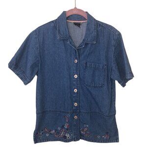Denim Shirt Size S Embroidered Blue Short Sleeve Button Front Layering Shacket
